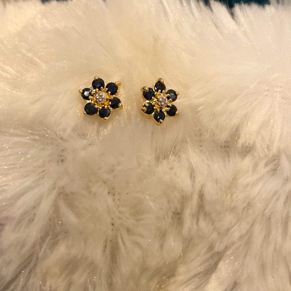 SAPPHIRE & DIAMOND Flower 18k Over Silver Earring